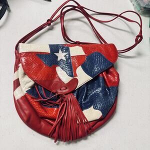 VTG 90s Texas Flag purse handbag red white blue faux leather fringe crossbody